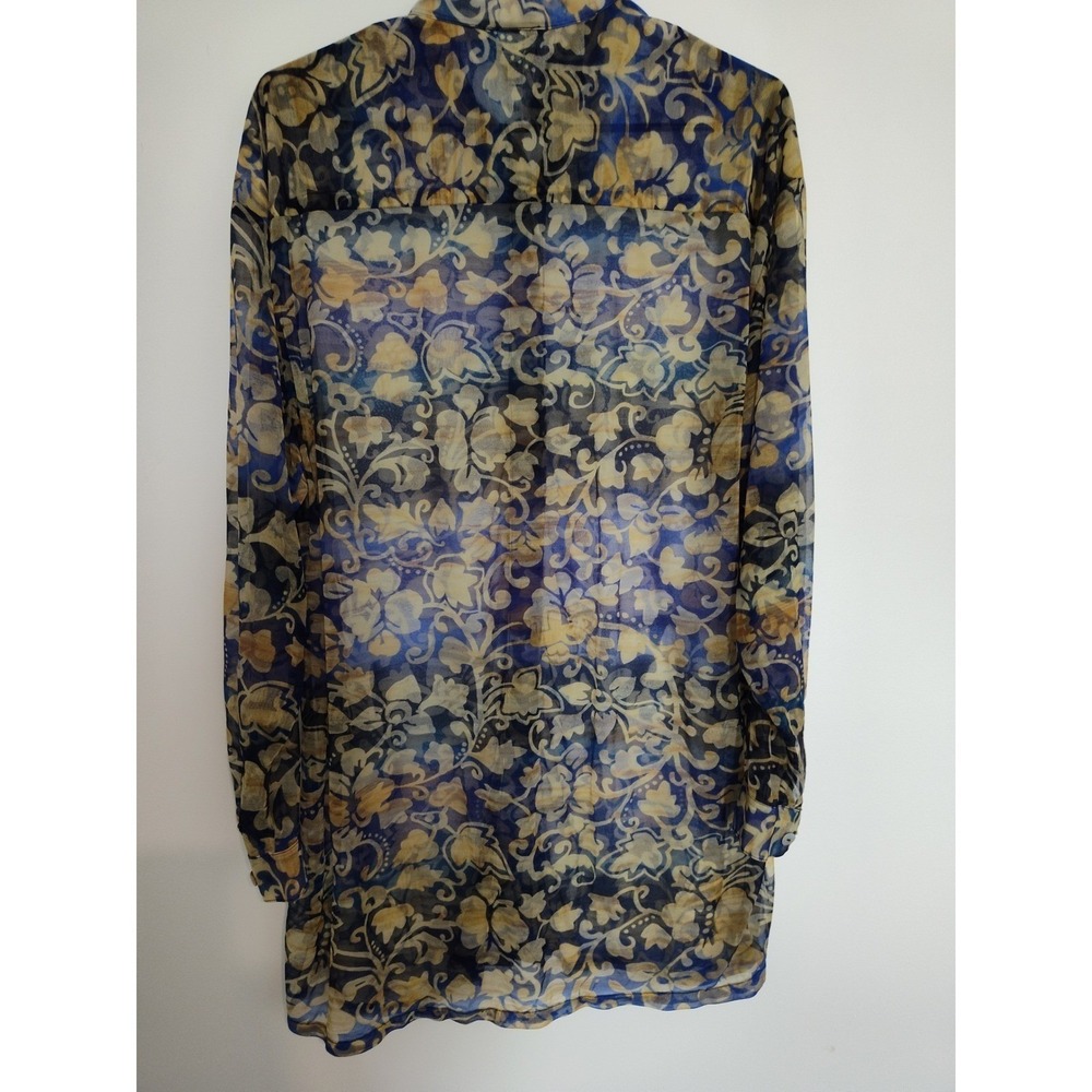 Oscar de la Renta Swimwear Sheer Floral Button Down‎ Cover Up Blue Gold Small